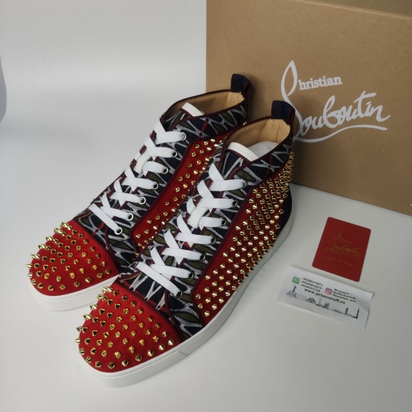 High Quality Christian Louboutin Flat Red Suede Golden Spikes High Top Sneakers