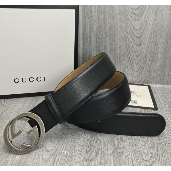 Interlocking G Gucci black buckle silver belt ASS02335