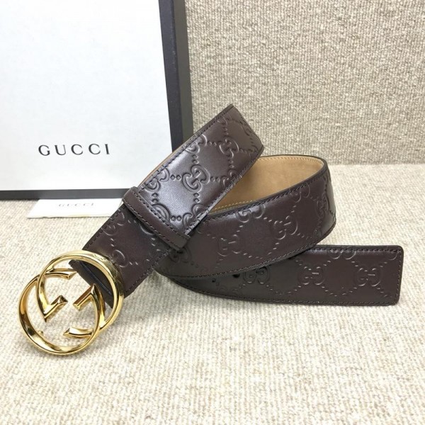 Gucci Brown Interlocked G Gold buckle belt ASS02342