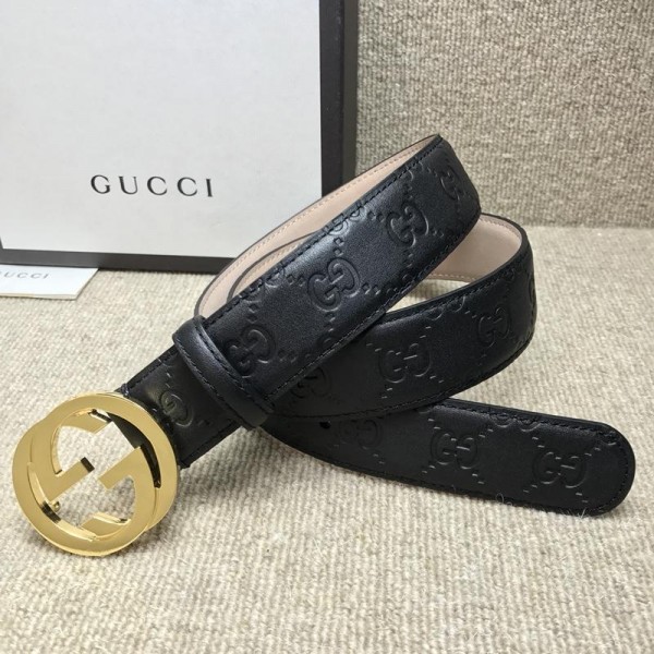 Gucci Black Leather Interlocked G Gold Belt ASS02343