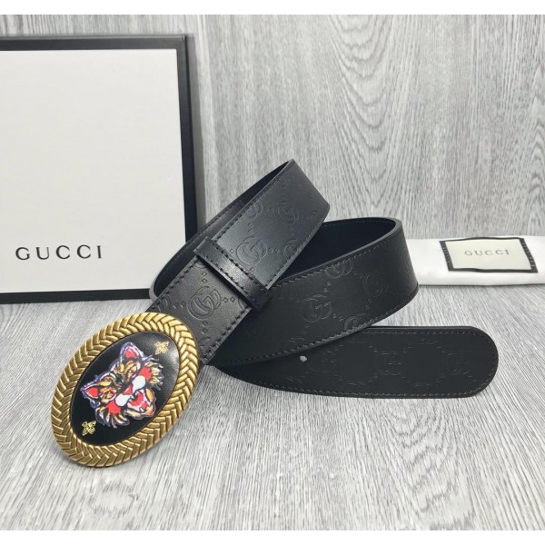 Gucci Black Leather Feline Gold Buckle belt ASS02390