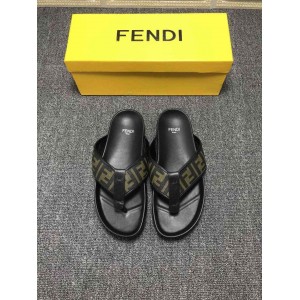 High Quality Fendi Black leather slides slide sandal with all-over FF pattern GO_FD010