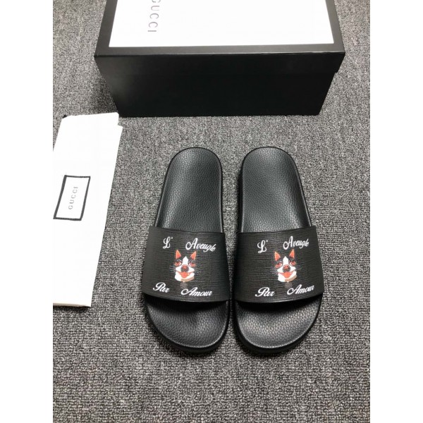 High Quality Gucci Black slide sandal With White rubber and Dog Design GO_GC036