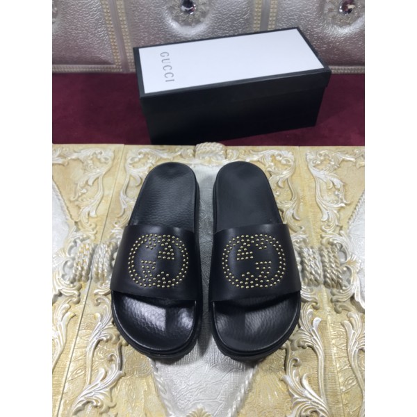 High Quality Gucci Black slide sandal With Golden GG GO_GC016