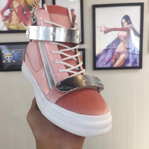 Giuseppe Zanotti Pink velvet and silver bimetal plaque with white sole high-top Perfect sneakers MS03028