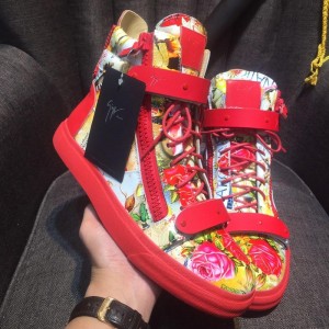 Giuseppe Zanotti Flower print and red bi-metal plaque and red sole high-top Perfect sneakers MS03039