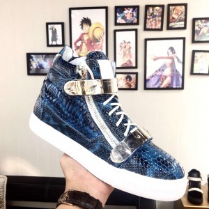 Giuseppe Zanotti Blue snake print and silver bimetal plaque with white sole high-top Perfect sneakers MS03055