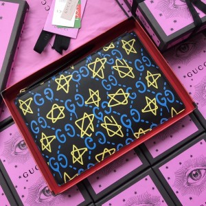 Gucci Perfect Quality black leather purse with yellow and blue decorations GC07WM054