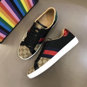 Gucci Perfect Quality Sneakers Brown and black GG pattern stitching and Black and Red Web withWhite rubber sole MS02669