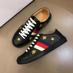 Gucci Perfect Quality Sneakers Black with gold bee pattern and Blue White and Red Web with Black rubber sole MS02671