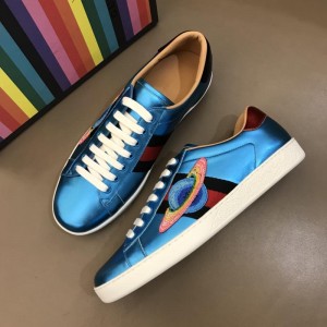 Gucci Perfect Quality Sneakers Blue shiny and Planet embroidery with White rubber sole MS02677