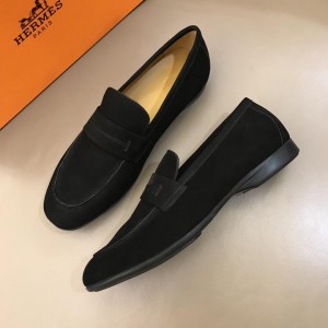 Hermes Black Suede Leather Loafers With Silver Buckle MS02728