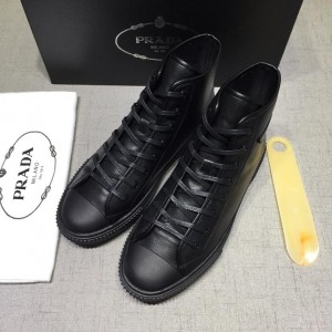 Prada High-top Perfect Quality Sneakers Black and Prada logo patch with black sole MS071264