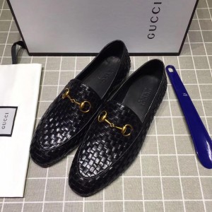 Gucci Black Embossed Grid Perfect Quality Loafers With Golden Buckle MS07583