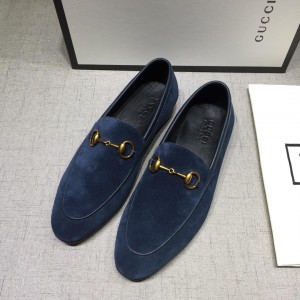 Gucci Blue Suede Leather Perfect Quality Loafers With Golden Buckle MS07602