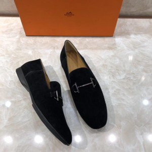 Hermes Black Suede leather Perfect Quality Loafers With Silver Buckle MS07791