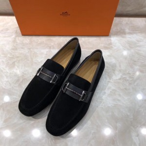 Hermes Black Suede leather Perfect Quality Loafers With Silver Buckle MS07793