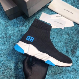 Balenciaga Speed Knitted socks High Quality Sneakers Black and BB printing with blue sole detail WS980033