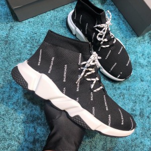 Balenciaga Speed Knitted socks High Quality Sneakers Black and Monogram print with Two-tone shoelace WS980034