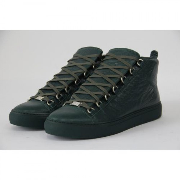 High Quality Dark Green  Now  2016 New Balenciaga Arena High Top Creased Leather Sneakers