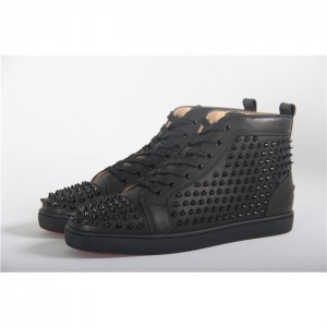 High Quality Christian Louboutin Louis Spike Men'S Flat High Top Black Sneaker Glossy Red Sole