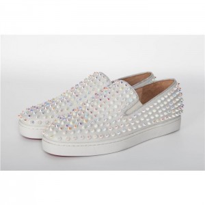 High Quality Christian Louboutin Roller-Boat Iridescent White Spikes Men'S Flat In White Ivory Leather