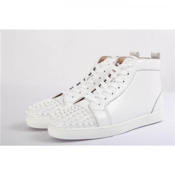 High Quality Christian Louboutin White Leather Toe Spikes High-Top Lou Spikes Men'S Flat Sneakers