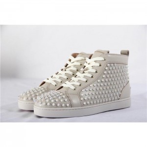 High Quality Christian Louboutin White Ivory Louis Spikes Flat High-Top Sneakers