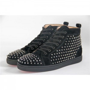 High Quality Christian Louboutin Louis Spikes Men'S Flat Black Dk Bk Black Mens Sneakers