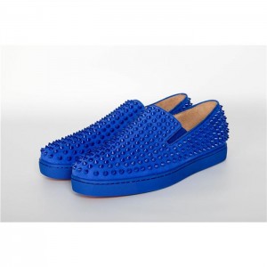 High Quality Christian Louboutin Roller-Boat Spikes Men'S Flat In Blue Suede