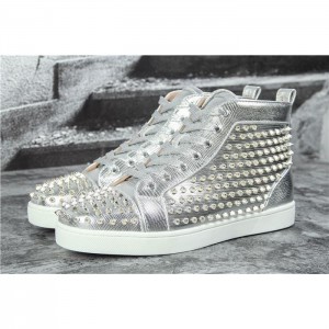 High Quality Christian Louboutin Louis Spikes Men'S Flat Silver Leather Sneakers