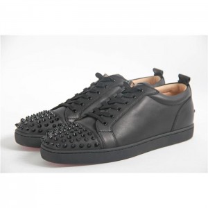 High Quality Christian Louboutin Black Leather Louis Spikes Men'S Flat Low-Top Sneakers