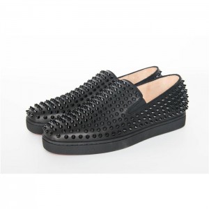 High Quality Christian Louboutin Roller-Boat Spikes Men'S Flat In Pure Black Leather