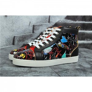 High Quality Christian Louboutin Hand Drawn Loubitag Black Leather High Top Sneakers