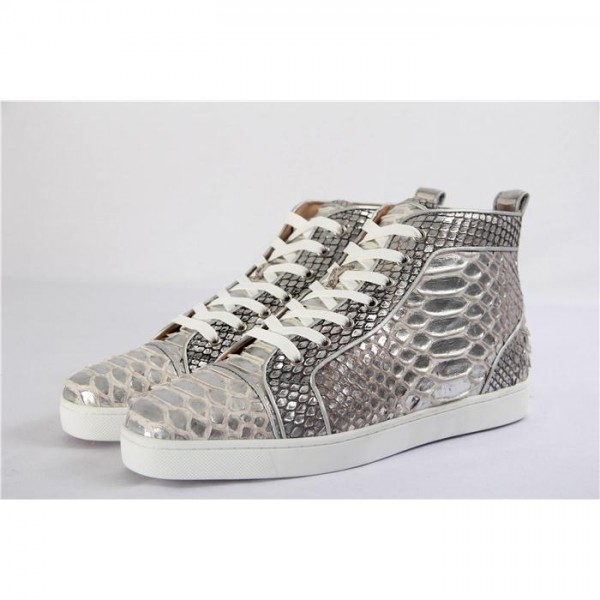 High Quality Christian Louboutin Mens Flat High Top Real Snakeskin Silver Sneaker