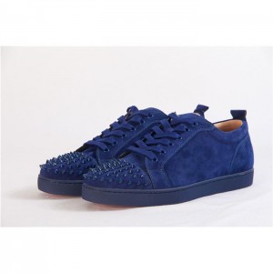 High Quality Christian Louboutin Louis Junior Spikes Men'S Flat Low Top Suede Blue Sneakers