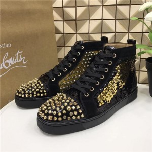 High Quality Christian Louboutin Gold Lou Spikes Sequins High Top Sneakers