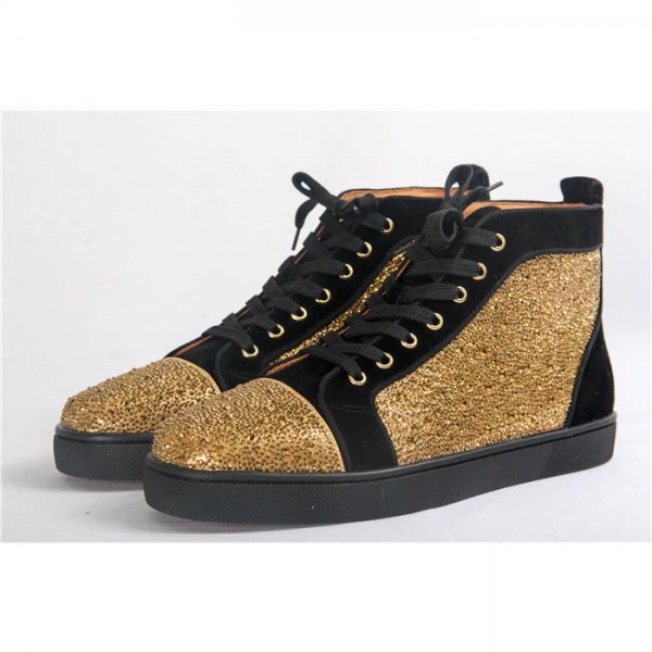 High Quality Christian Louboutin Gold Louis Strass Men'S Flat  In Smooth Black Suede