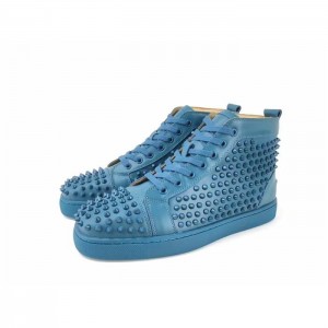 High Quality Christian Louboutin Louis Flat Calf Spikes Men Blue Sneakers