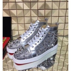 High Quality Christian Louboutin Men Silver Spikes High Top Sneakers