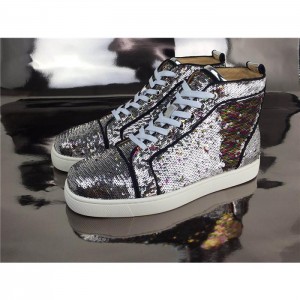 High Quality Christian Louboutin Bip Bip Orlato Silver Sequin High Top Sneakers