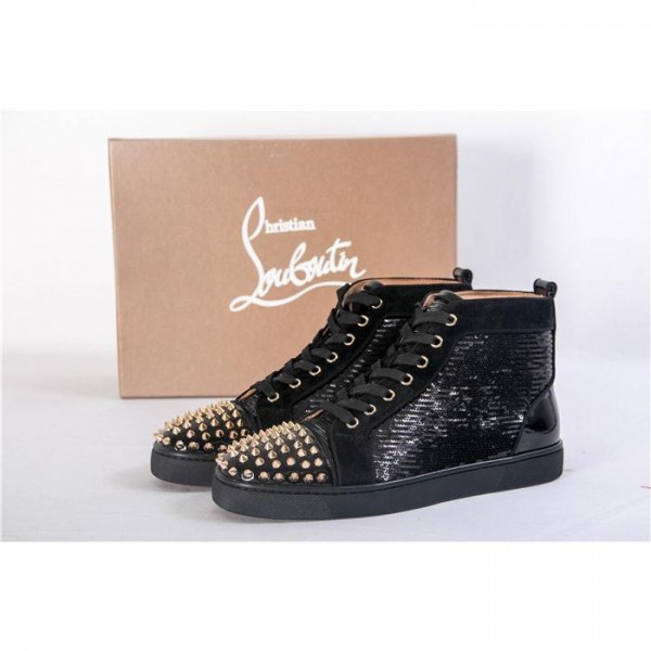 High Quality Christian Louboutin Flat Black Gold Spike High Top Sneakers