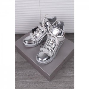 High Quality Giuseppe Zanotti Sliver Leather Rhinestone Buckle High Top Men Sneakers