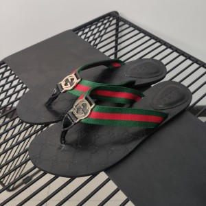 High Quality Gucci Web strap thong sandal Green and red Web nylon strap with black leather detail OF_DC210557A449