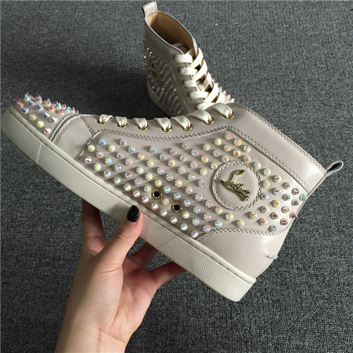 Limited Version Christian Louboutin White Ivory Louis Spikes Flat High-Top Sneakers