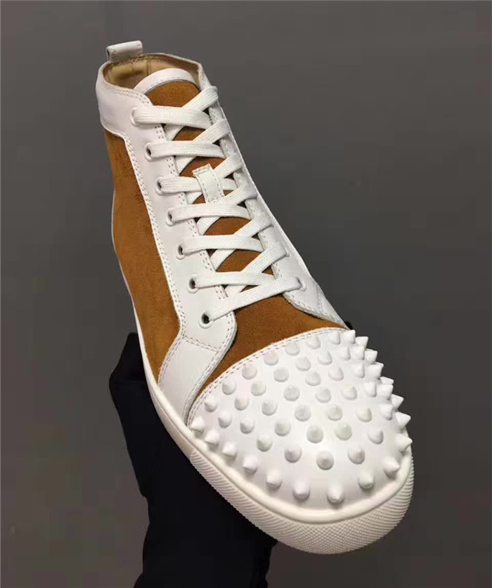 Super Perfect Christian Louboutin Lou Spikes Flat Latte Calf Sneakers