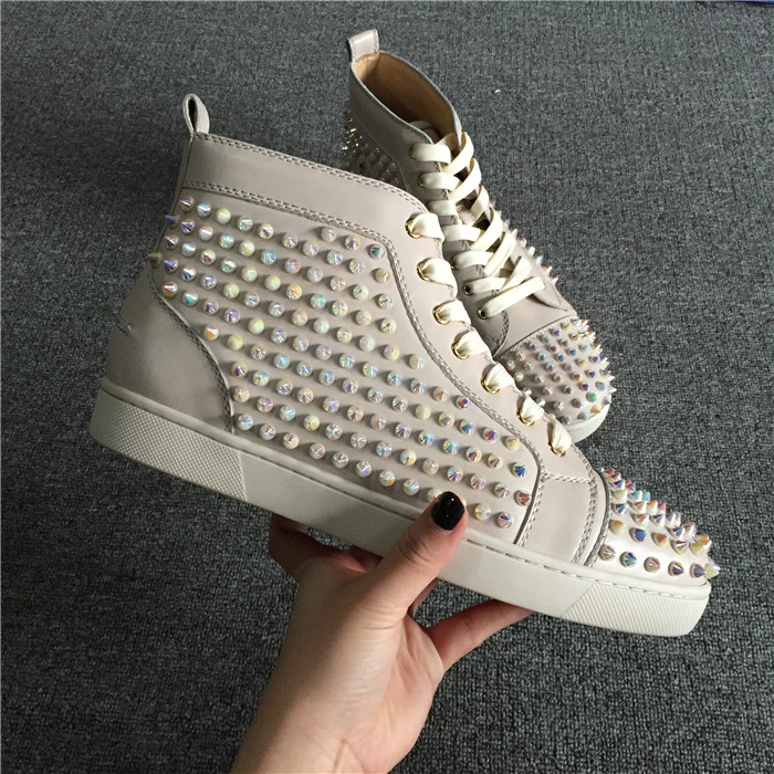 Limited Version Christian Louboutin White Ivory Louis Spikes Flat High-Top Sneakers