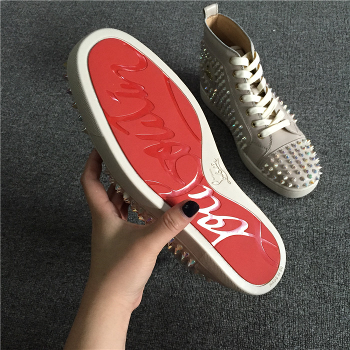 Limited Version Christian Louboutin White Ivory Louis Spikes Flat High-Top Sneakers